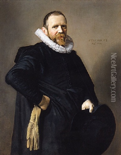 Portrait Of A Gentleman Wearing A Black Costume, A Lace Ruff, And Holding A Hat And Gloves Oil Painting - Frans Hals