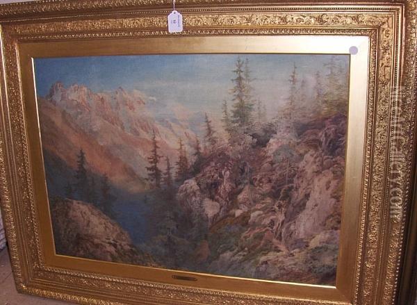 Mont Blanc, An Extensive Landscape,watercolour Oil Painting - Arthur Croft