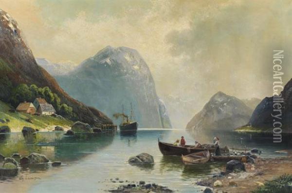 Norwegische Fjordlandschaft Mit Postdampfer Und Fischern Oil Painting - Karl Kaufmann