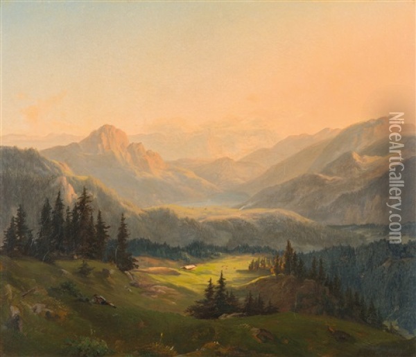 Partie Aus Dem Bayerischen Gebirge, Mit Blick Auf Einen Bergsee Oil Painting - Wilhelm Fries