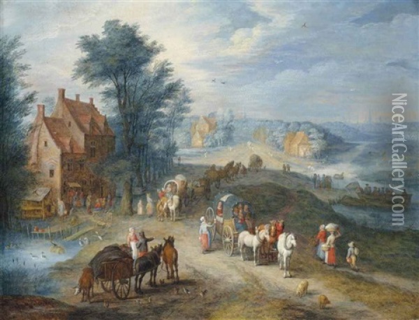 Une Rue De Village Avec Des Voyageurs Oil Painting - Joseph van Bredael