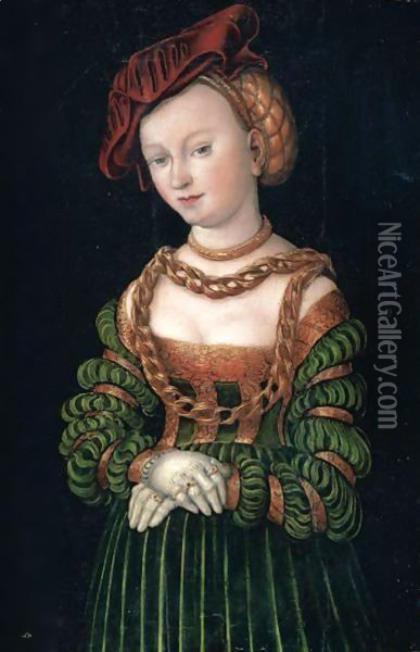 Portrait Of A Young Woman, Three-Quarter Length, As A Court Beauty, Wearing A Red Cap And A Green Dress Trimmed With Gold, Her Decolletage Bedecked With Gold Chains Oil Painting - Lucas The Elder Cranach