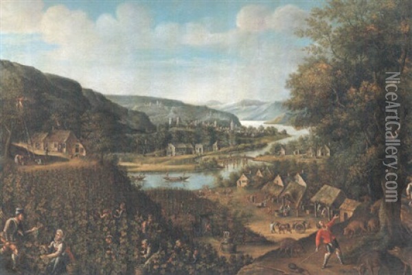 Flodlandskap Med Vinplockare Och Herde Oil Painting - Frans Floris the Elder