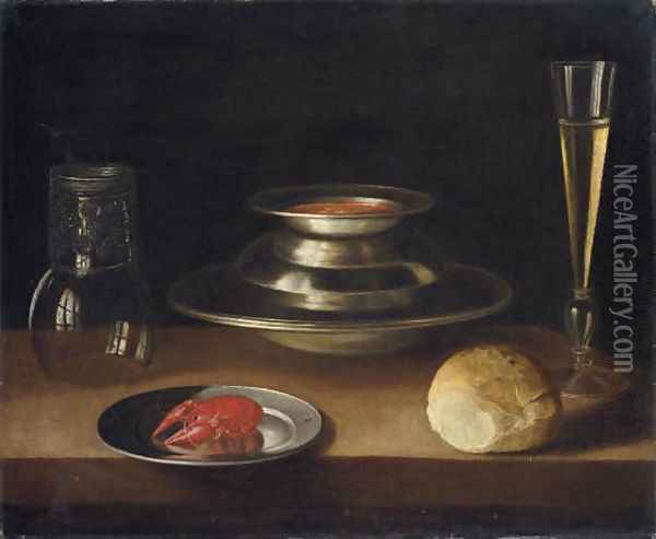 Bread, a carafe of wine, an upturned roemer and a crayfish on a plate with a bowl of soup and glass of wine Oil Painting - Sebastien Stoskopff
