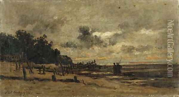 Le brise-lame, a Villerville, a maree basse Oil Painting - Charles-Francois Daubigny