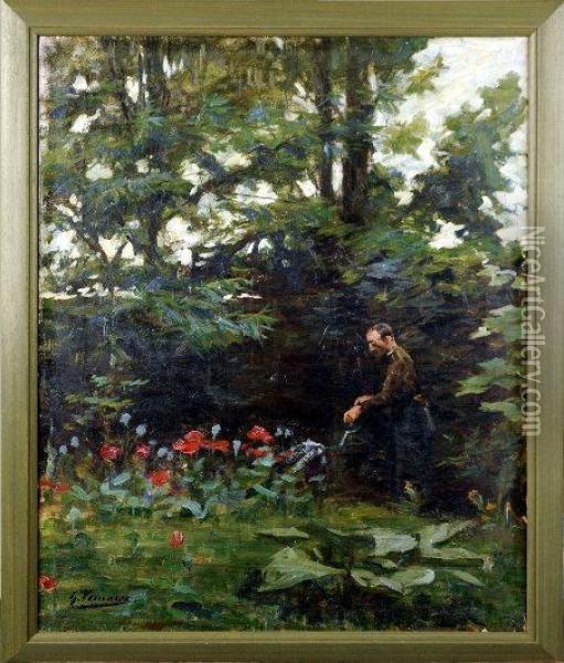 [m. Daele Arrosant Ses Fleurs.] Oil Painting - Gustave Vanaise
