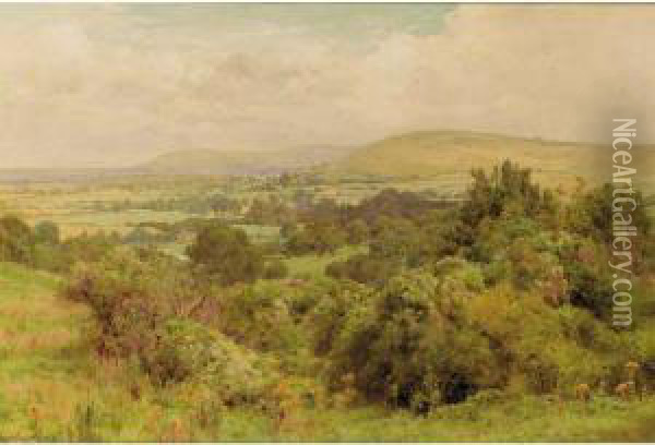 Beeding Hill From Steyning Sussex And Three Rabbits In An Autumn Landscape: Two Works Oil Painting - George Marks