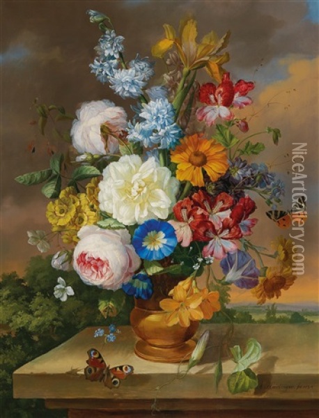 Large Bouquet Of Flowers With Butterfly Oil Painting - Anton Hartinger