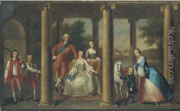 Portrait of the family of the 3rd Duke of Marlborough, a landscape beyond Oil Painting - Thomas Hudson