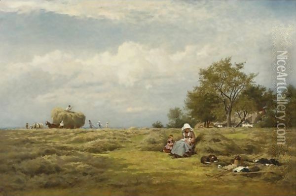 An English Hayfield Oil Painting - Benjamin Williams Leader
