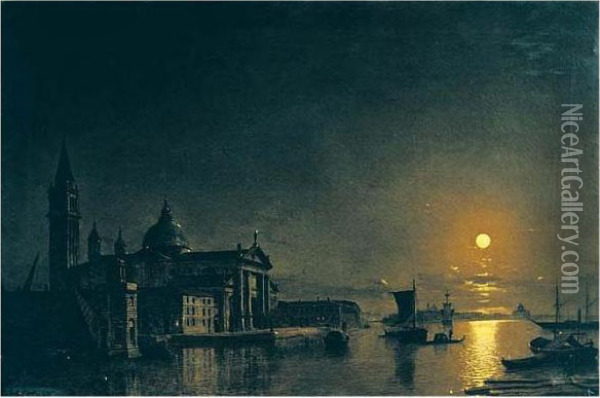 Venice By Moonlight Oil Painting - Henry Pether