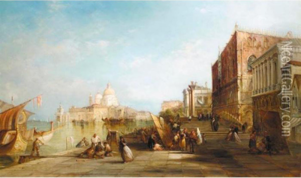 Santa Maria Della Salute From The Riva Degli Schiavoni, Venice Oil Painting - Alfred Pollentine