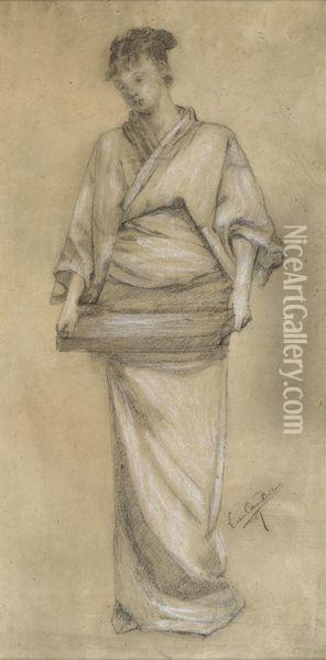 < Femme Japonaise En Kimono >. Oil Painting - Pierre Carrier-Belleuse
