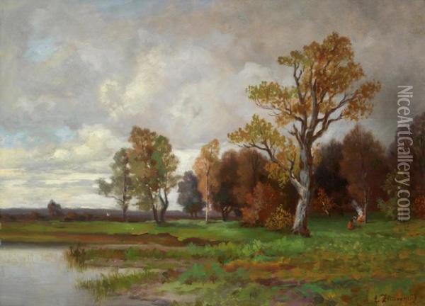 Malerische Landschaft Mit Teich Oil Painting - Alfred Zimmermann