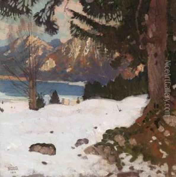 A Winter Lakeside Landscape-1912 Oil Painting - Wilhelm Stumpf