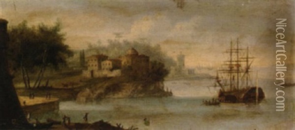 A Mediterranean Coastal Harbour Oil Painting - Orazio Grevenbroeck