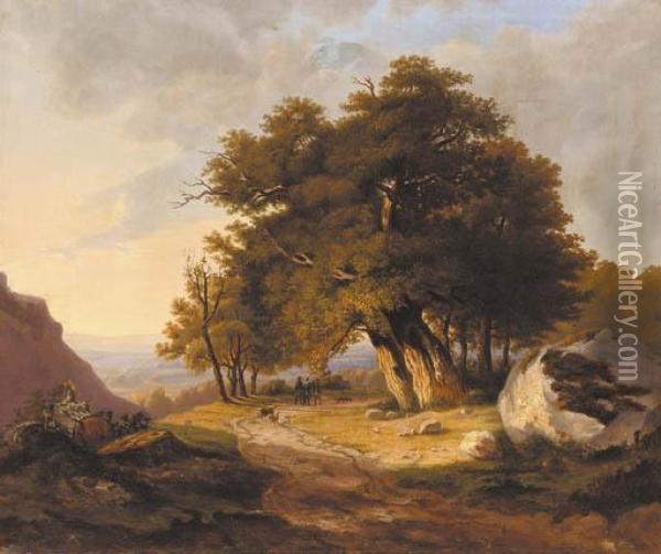 Hunstmen And Hounds On A Country Track, Mountains Beyond Oil Painting - Joseph Hulser