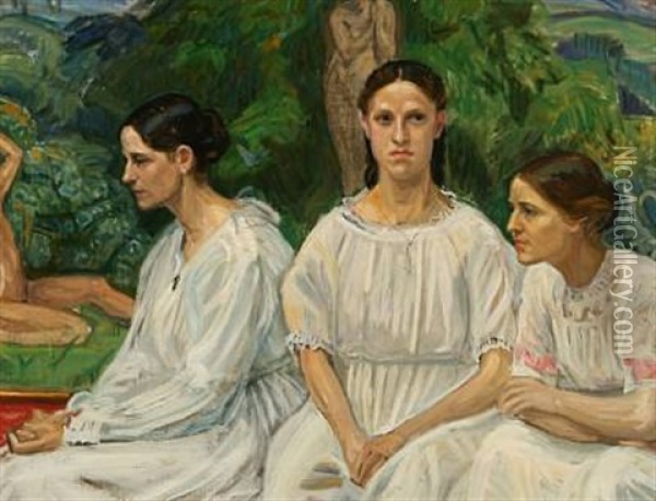 Portrait Of The Danish Painter Joakim Skovgaard's Three Daughters, Eline, Agnete And Georgia Oil Painting - Johannes Kragh