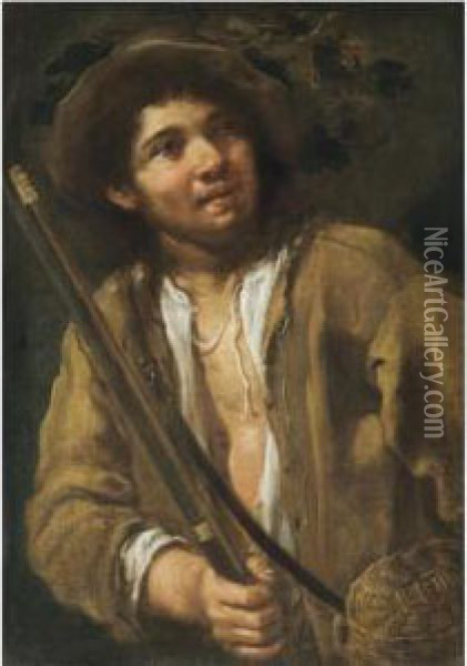 A Young Hunter, Half Length, Holding A Musket And A Basket Oil Painting - Bernhard Keil