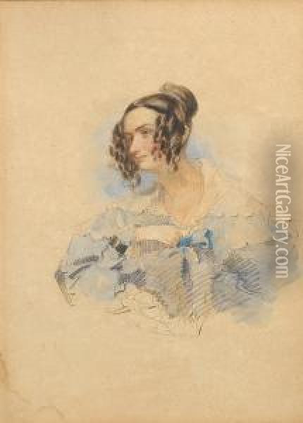 Ellen Werge, Wearing Blue Dress 
With Frilledwhite Pelerine Collar And Corsage Of Knotted Blue Ribbon, 
Her Brownhair Dressed In Ringlets And A Bun. Oil Painting - Francois Theodore Rochard