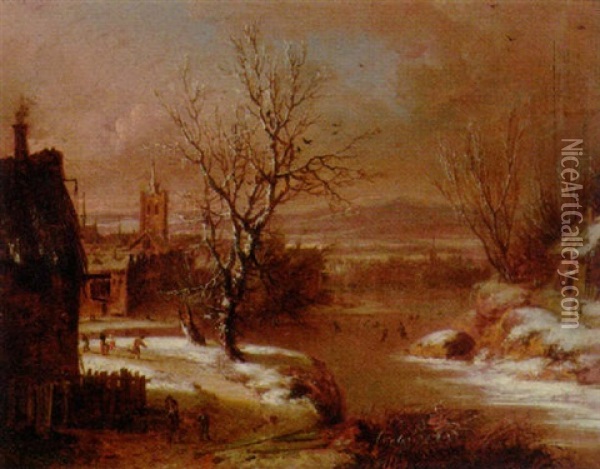 A Winter Landscape With Skaters On A Frozen River Oil Painting - Gerard Van Edema