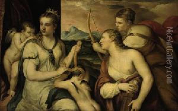 Venus Blindfolding Cupid Oil Painting - Tiziano Vecellio (Titian)