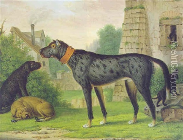 Vier Hunde Vor Dem Fenster Eines Alten Gebaudes, In Das Sich Die Katze Gefluchtet Hat Oil Painting - Christian Wilhelm Karl Kehrer