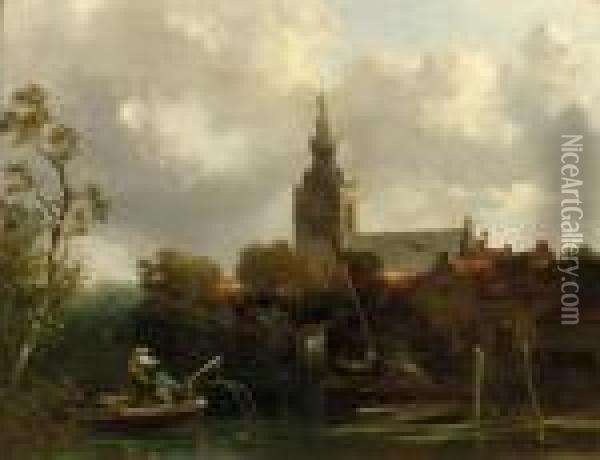 A View Of Overschie With Fishermen In A Rowing Boat In The Foreground Oil Painting - Salomon Leonardus Verveer