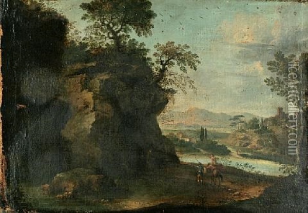 Travellers By A Cave In An Extensive Landscape Oil Painting - Pandolfo Reschi