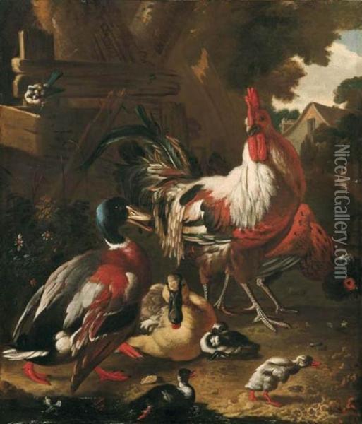 Animali Da Cortile Su Sfondo Di Paesaggio Oil Painting - Melchior de Hondecoeter