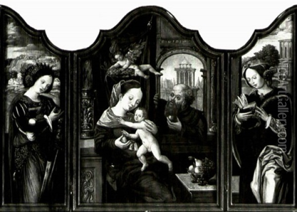 A Triptych: The Holy Family, Saint Catherine And Saint      Barbara Oil Painting - Pieter Coecke van Aelst the Elder