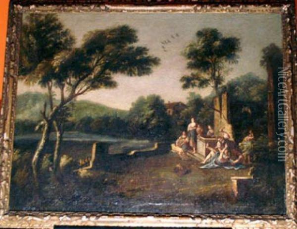 Italianlandscape With A Group Of Girls And Fitting Man At Awell Oil Painting - Francesco Zuccarelli