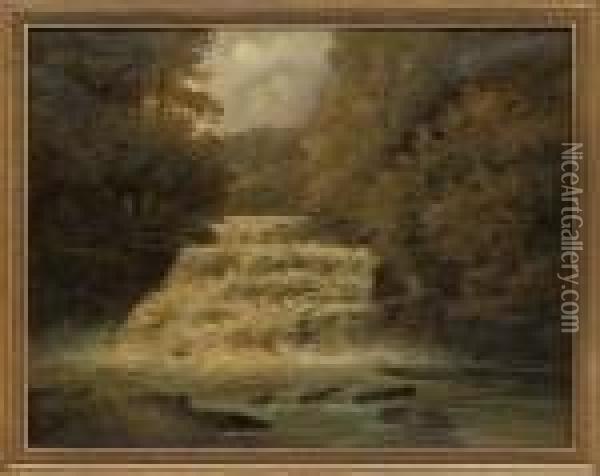 An Angler By A Waterfall Oil Painting - Francis Sydney Muschamp