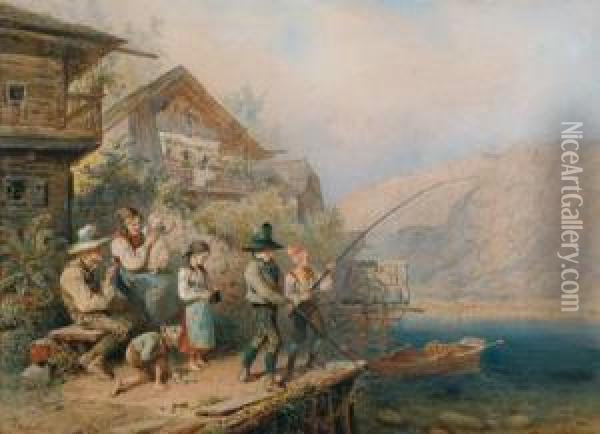 A Family Idyl With Children Fishing Oil Painting - Carl Goebel