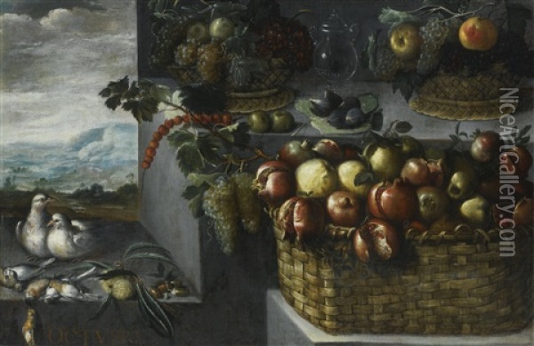 An Allegory Of The Month Of October, With A Still Life Of Baskets Of Pomegranates, Apples, Grapes And Other Fruits, A Pair Of Doves And Songbirds On A Stone Ledge Oil Painting - Francisco Barrera