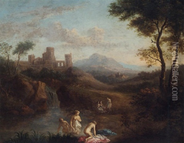 An Italianate Landscape With Nymphs Bathing At A Pool Oil Painting - Dirck Van Der Lisse