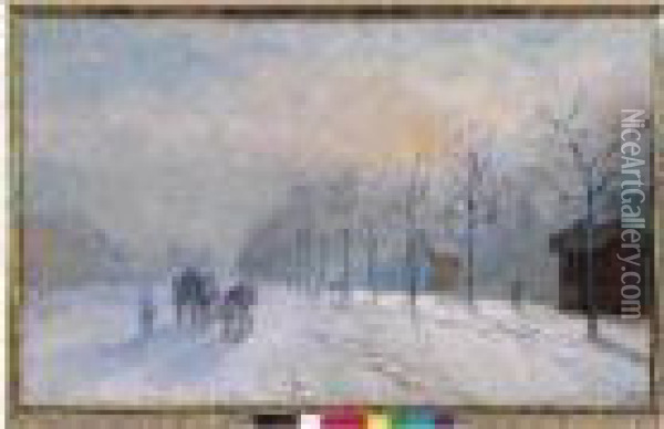 Fardier Dans La Neige Sur La Route Du Bois De Boulogne, Neuilly, 1892. Oil Painting - Albert Lebourg