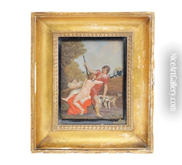 A Rare Third Quarter 18th Century Neopolitan Relief Cast Coloured Wax Figural Plaque Depicting Venus And Adonis Oil Painting - Giovanni Francesco Pieri