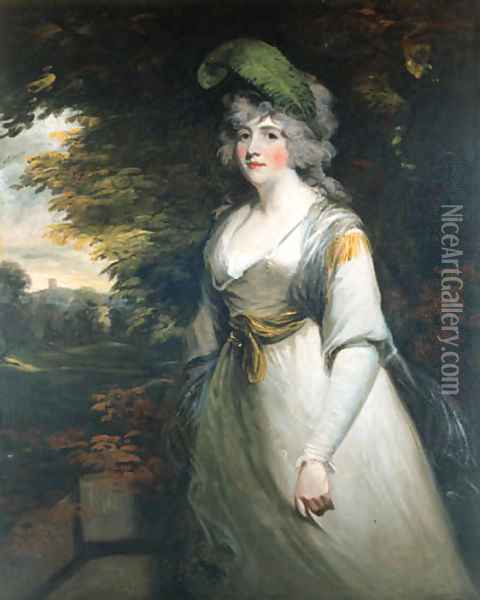 Portrait of Lady Boothby, three-quarter length, in a grey dress and with a plume in her hair, a landscape beyond Oil Painting - John Hoppner