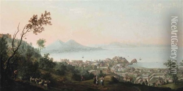 The Bay Of Naples With Castel Sant'elmo On The Vomero Hill And Castel Nuovo On The Bay, The Vesuvius In The Distance Oil Painting - Gabriele Ricciardelli