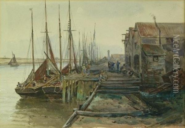 Fishing Boats By A Dock Oil Painting - Emil Axel Krause
