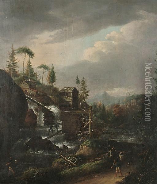 A Scandanavian Landscape With A Watermill Oil Painting - Jacob Fopsen van Es