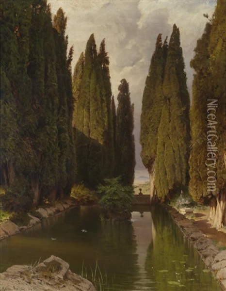 Park Bei Rom, Blick Auf Die Albaner Berge Oil Painting - Hermann (August) Kruger