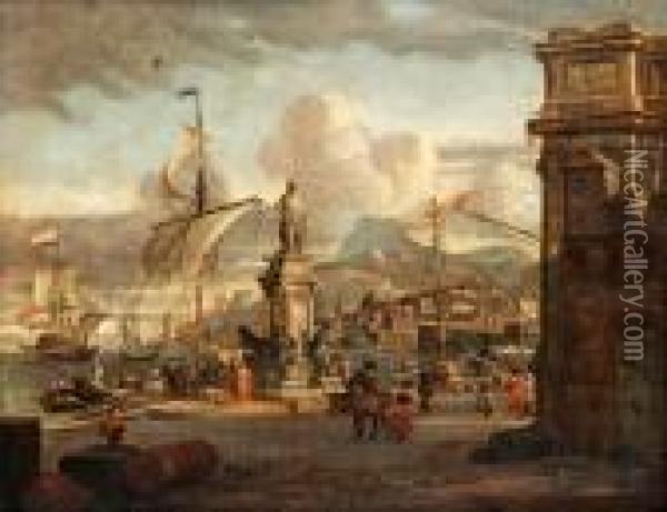 Scene At The Harbour With Oriental Merchants Oil Painting - Abraham Storck