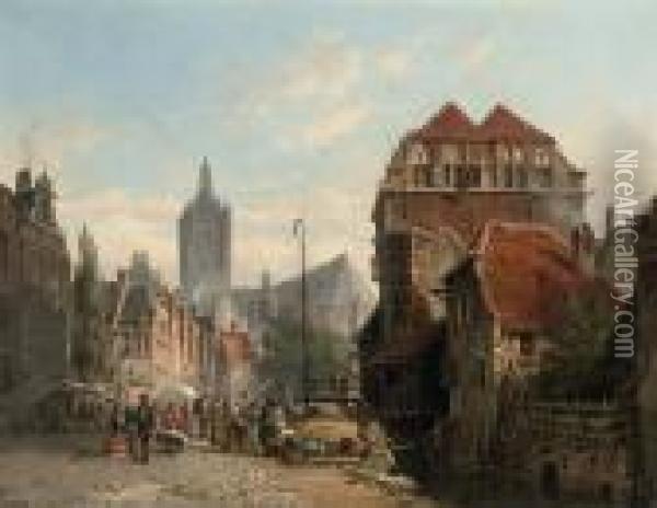 An Elegant Couple Taking A Stroll On A Busy Day In Town Oil Painting - Adrianus Eversen