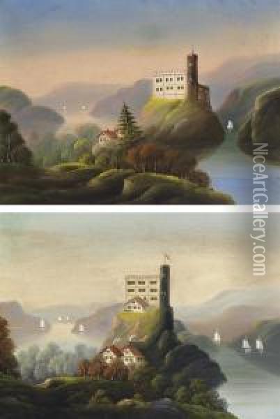 A Pair Of Landscapes With Castles Oil Painting - Thomas Chambers