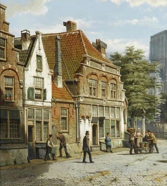 Dutch Street With A Church Tower Oil Painting - Willem Koekkoek