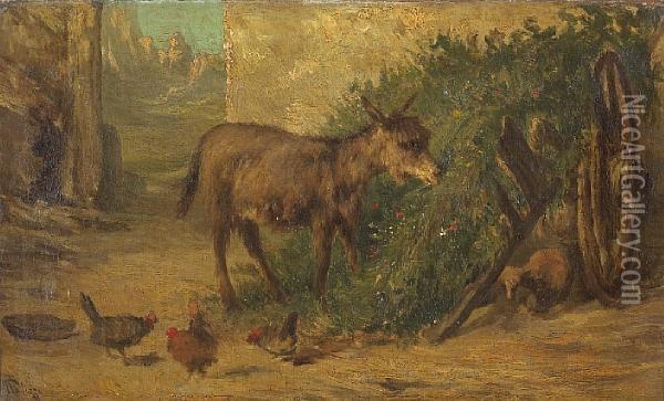 A Donkey And Chickens In A Farmyard Oil Painting - Filippo Palizzi