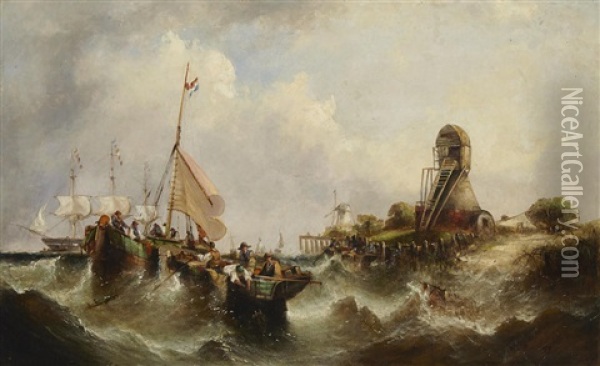 A Coastal Scene With Figures Fishing In The Foreground And A Frigate Beyond Oil Painting - William Callcott Knell