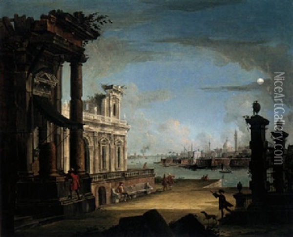 An Architectural Capriccio With Elegant Figures Promenading And Others Gathered On A Jetty Oil Painting - Antonio Joli